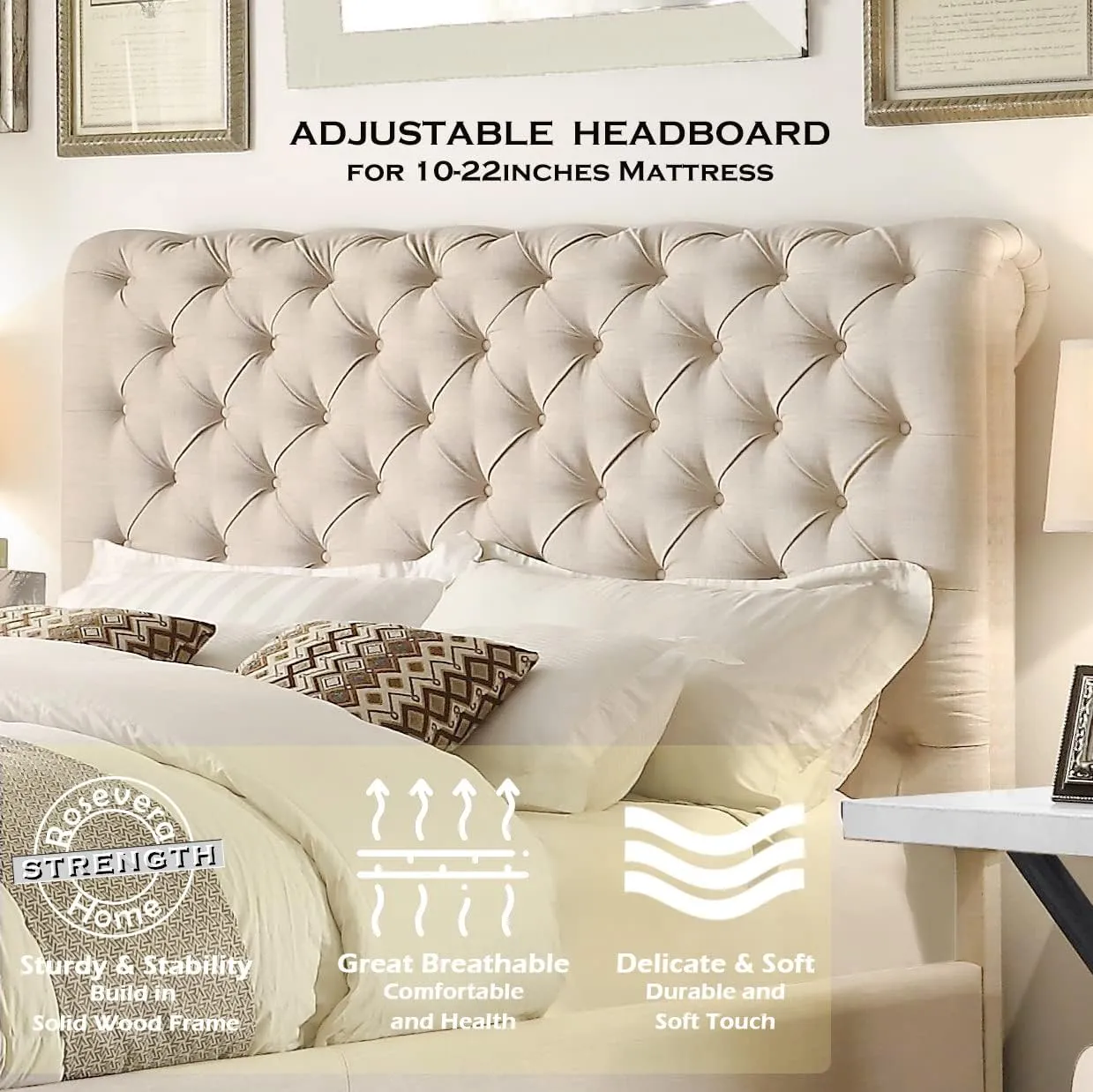 Rosevera Atherine Upholstered Bed Frame/Fabric Upholstered Bed Frame with Adjustable Headboard/Chesterfield-Styled/Rolled Head/Wood Slat Support/Easy Assembly,King,Beige