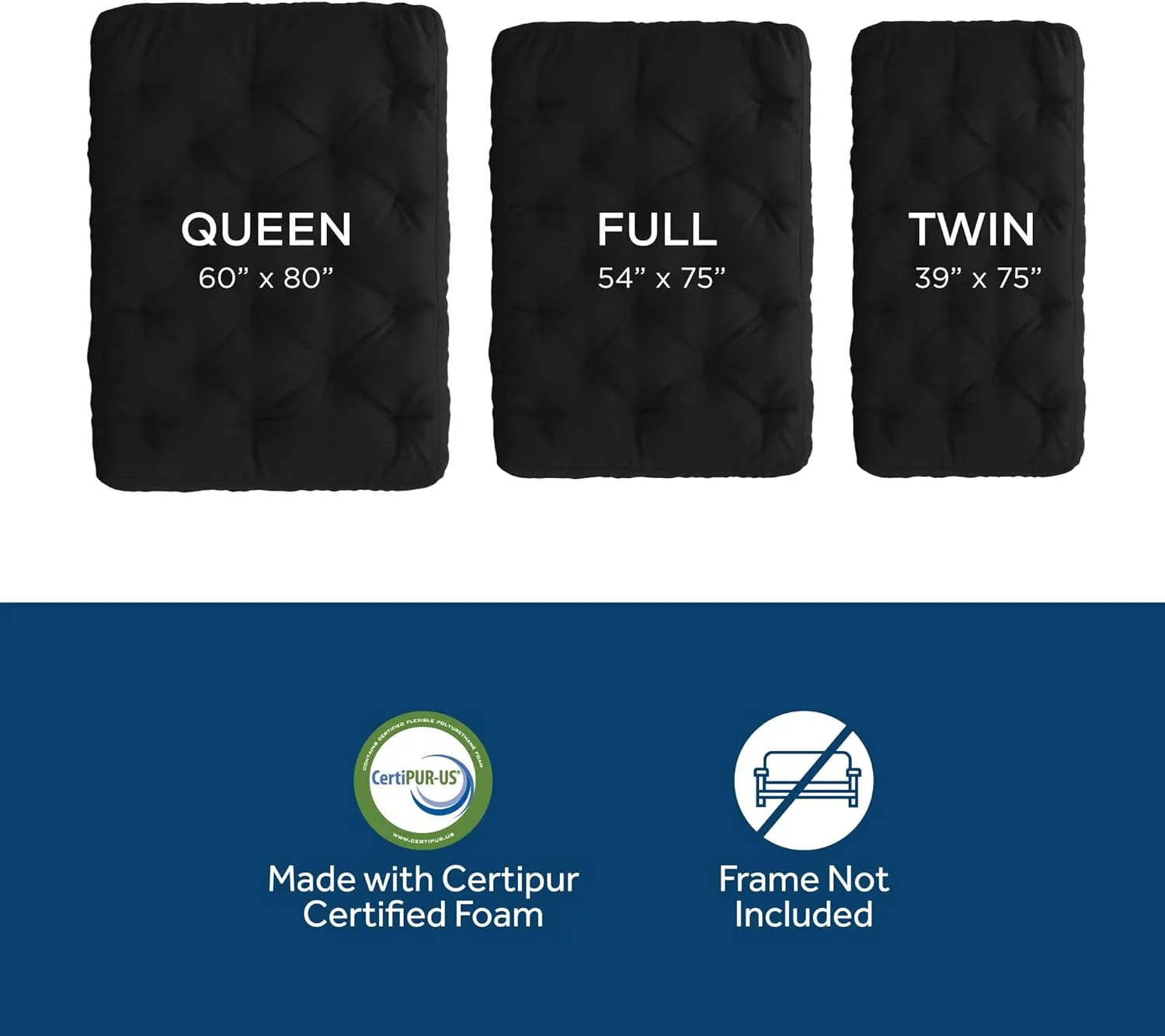 Royal Sleep Products by The Futon Factory 12 inch Foam Futon Mattress - Solid Black Fabric - Full Size - CertiPUR Certified Foams - Made in USA - (Frame not Included)