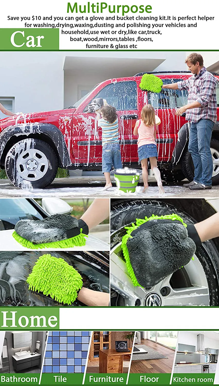 Rynx | GreatCool Car Wash Collapsible Bucket with 3-in-1 Car Wash Mitt, Coral Velvet   Weaving   Chenille Microfiber Glove Sponge, 10L (2.6 Gallon) Portable Foldable Container Bucket for Car Household Washing