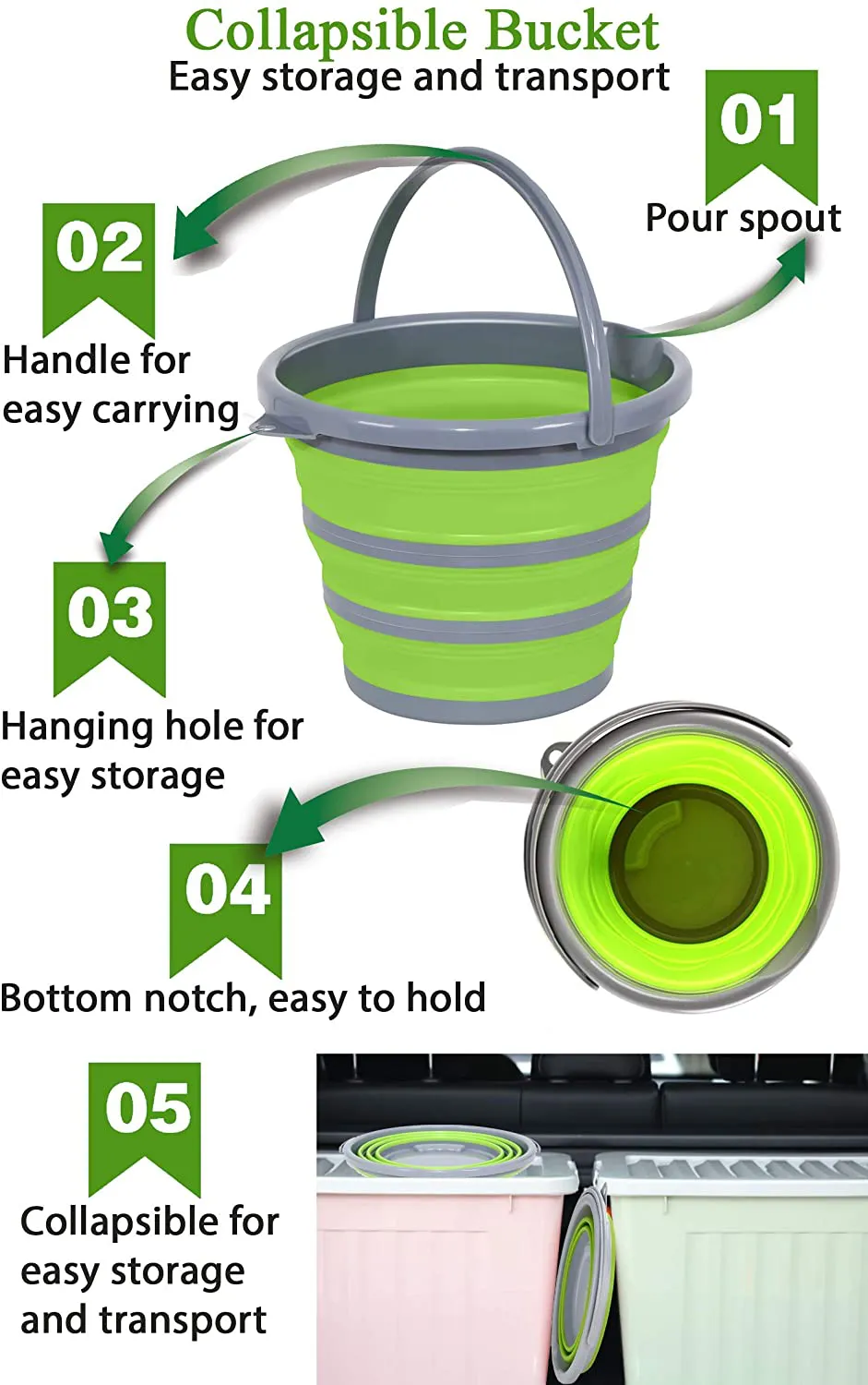 Rynx | GreatCool Car Wash Collapsible Bucket with 3-in-1 Car Wash Mitt, Coral Velvet   Weaving   Chenille Microfiber Glove Sponge, 10L (2.6 Gallon) Portable Foldable Container Bucket for Car Household Washing