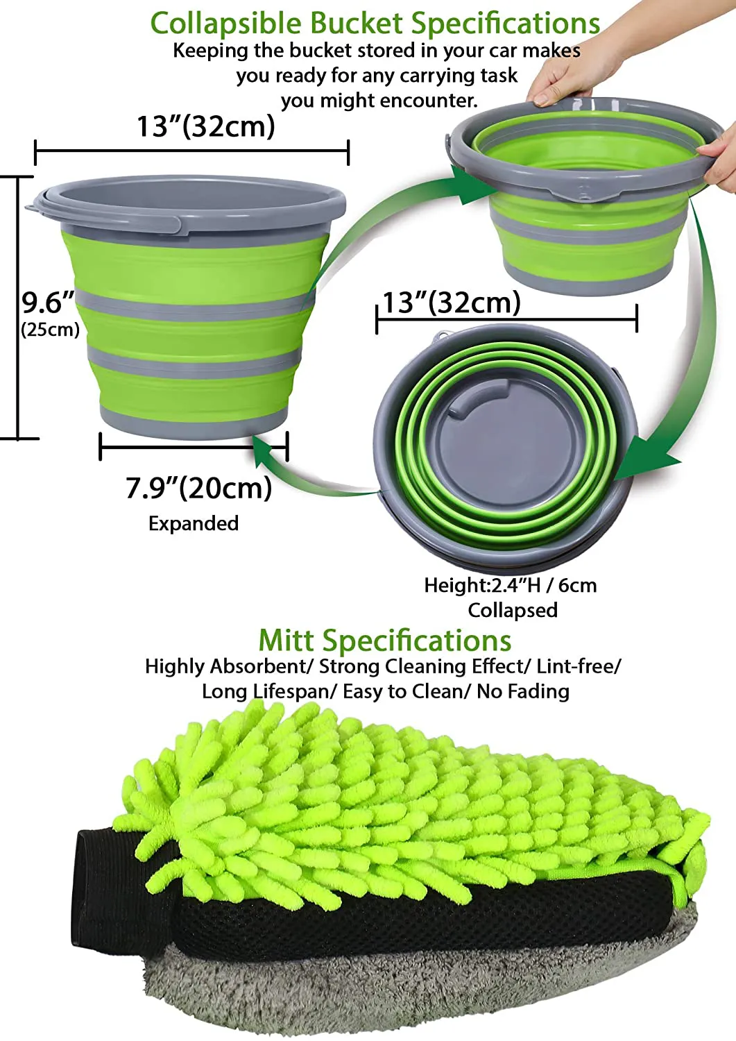 Rynx | GreatCool Car Wash Collapsible Bucket with 3-in-1 Car Wash Mitt, Coral Velvet   Weaving   Chenille Microfiber Glove Sponge, 10L (2.6 Gallon) Portable Foldable Container Bucket for Car Household Washing