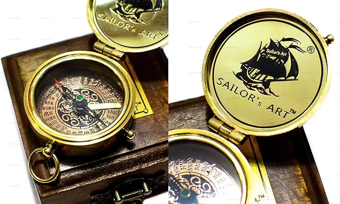 Sailor's Art Pocket Compass | Camping Travelling Equipment | Boat Brass Chain Compass with a Beautiful Quote| Nautical Navy Directional Compass | Table Top