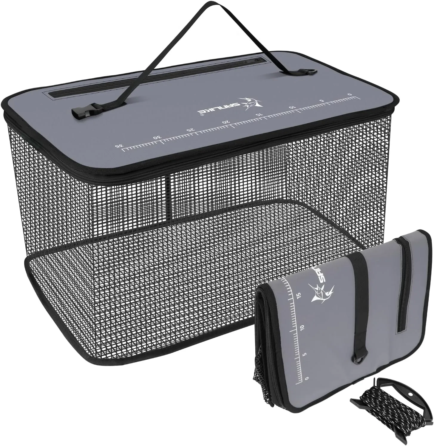 SANLIKE Floating Fishing Basket Collapsible Fishing Net Cage, Rubber Coated Net Fish Basket for Live Caught Fish Minnows Bait Bucket Minnow Trap, 24L/40L/59L，Black/Grey