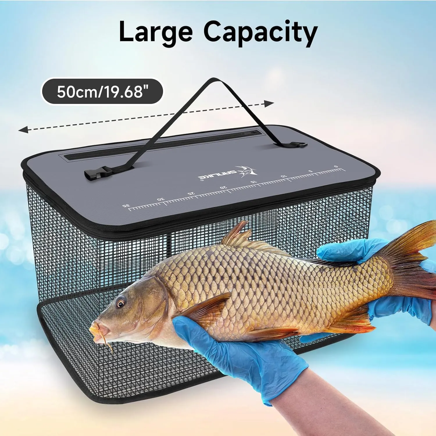 SANLIKE Floating Fishing Basket Collapsible Fishing Net Cage, Rubber Coated Net Fish Basket for Live Caught Fish Minnows Bait Bucket Minnow Trap, 24L/40L/59L，Black/Grey