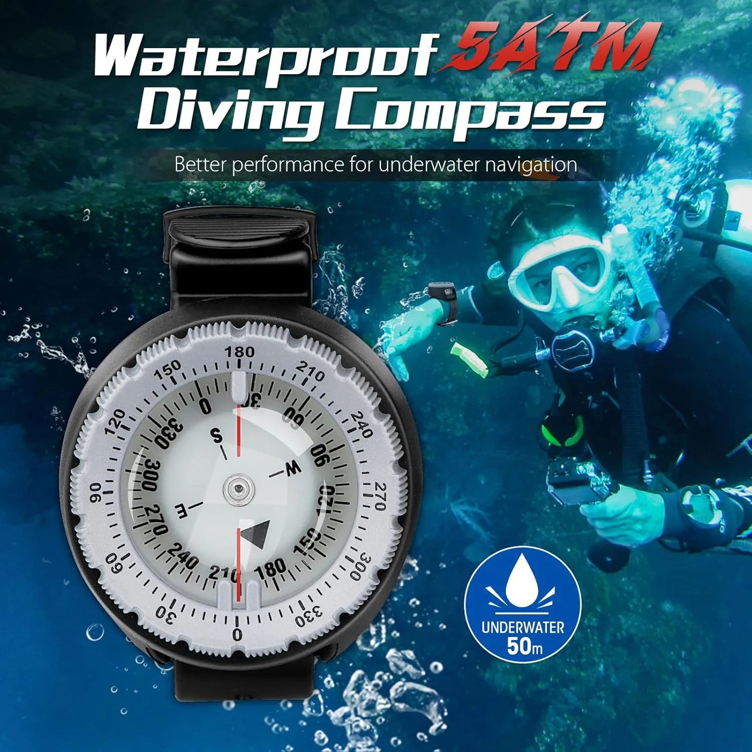 Scuba Compass, Professional Waterproof 5ATM Dive Wrist Compass with TPU Band for Outdoor Sports Diving, Sailing, Hiking, Survival Emergency