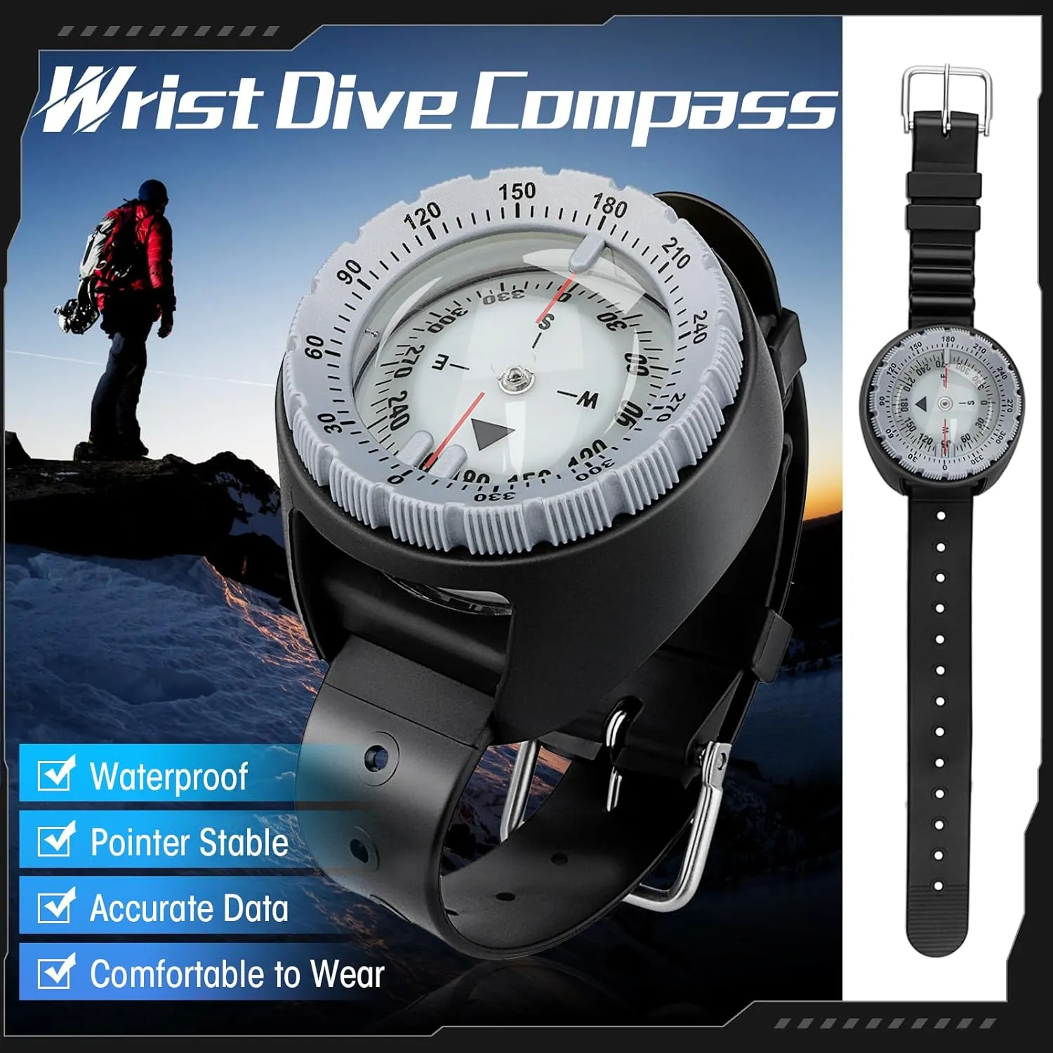 Scuba Compass, Professional Waterproof 5ATM Dive Wrist Compass with TPU Band for Outdoor Sports Diving, Sailing, Hiking, Survival Emergency