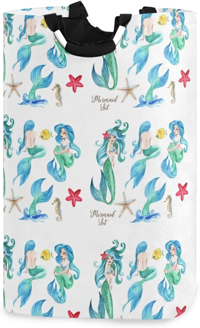 Seamless Turquoise Mermaids and Girls with Mermaid Tails on White Laundry Hamper Basket Bucket, Foldable Dirty Clothes Bag, Waterproof Fabric Washing Bin, Toy Storage with Handles for Bathroom