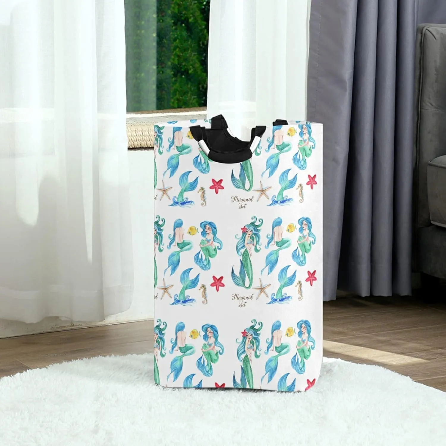 Seamless Turquoise Mermaids and Girls with Mermaid Tails on White Laundry Hamper Basket Bucket, Foldable Dirty Clothes Bag, Waterproof Fabric Washing Bin, Toy Storage with Handles for Bathroom