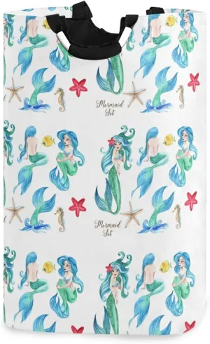 Seamless Turquoise Mermaids and Girls with Mermaid Tails on White Laundry Hamper Basket Bucket, Foldable Dirty Clothes Bag, Waterproof Fabric Washing Bin, Toy Storage with Handles for Bathroom
