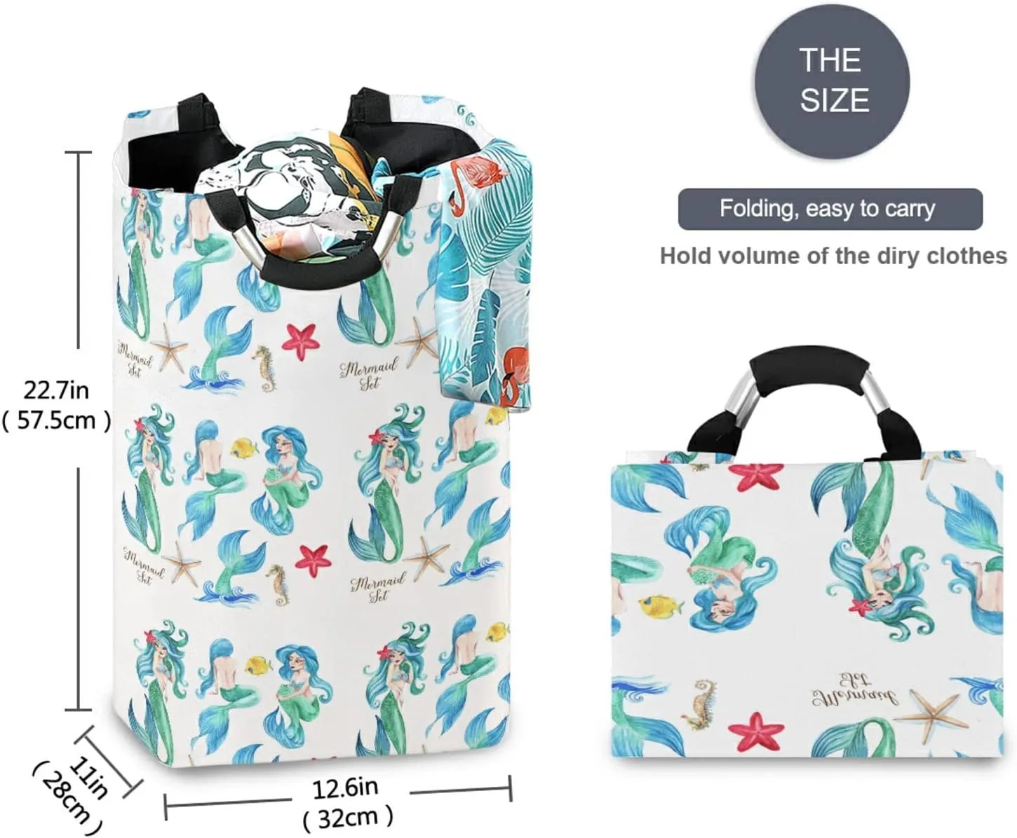 Seamless Turquoise Mermaids and Girls with Mermaid Tails on White Laundry Hamper Basket Bucket, Foldable Dirty Clothes Bag, Waterproof Fabric Washing Bin, Toy Storage with Handles for Bathroom