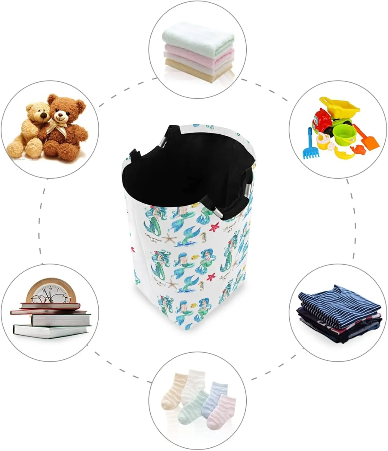 Seamless Turquoise Mermaids and Girls with Mermaid Tails on White Laundry Hamper Basket Bucket, Foldable Dirty Clothes Bag, Waterproof Fabric Washing Bin, Toy Storage with Handles for Bathroom