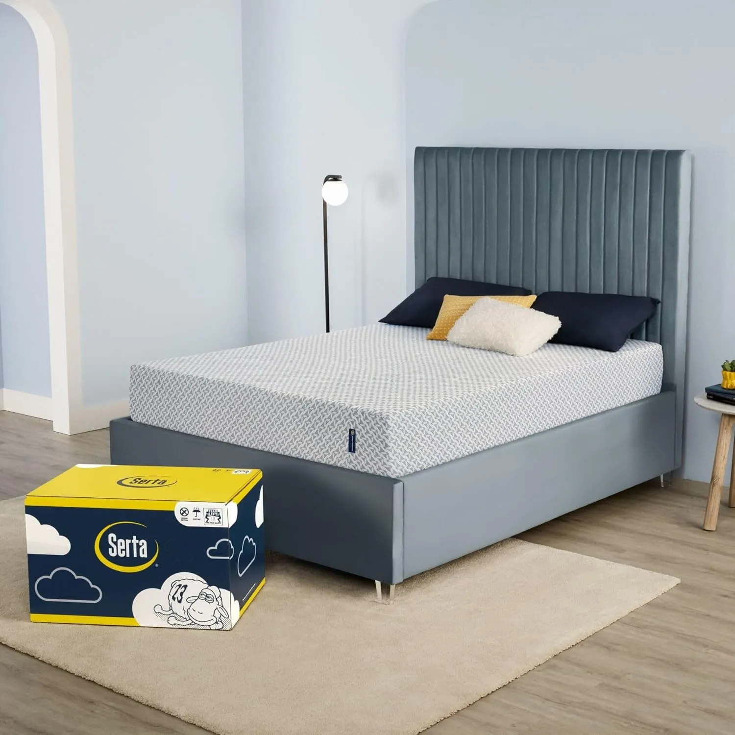 Serta - 10 inch Cooling Gel Memory Foam Mattress, King Size, Medium, Supportive, CertiPur-US Certified, 100-Night Trial - Sheep Retreat, Blue/White