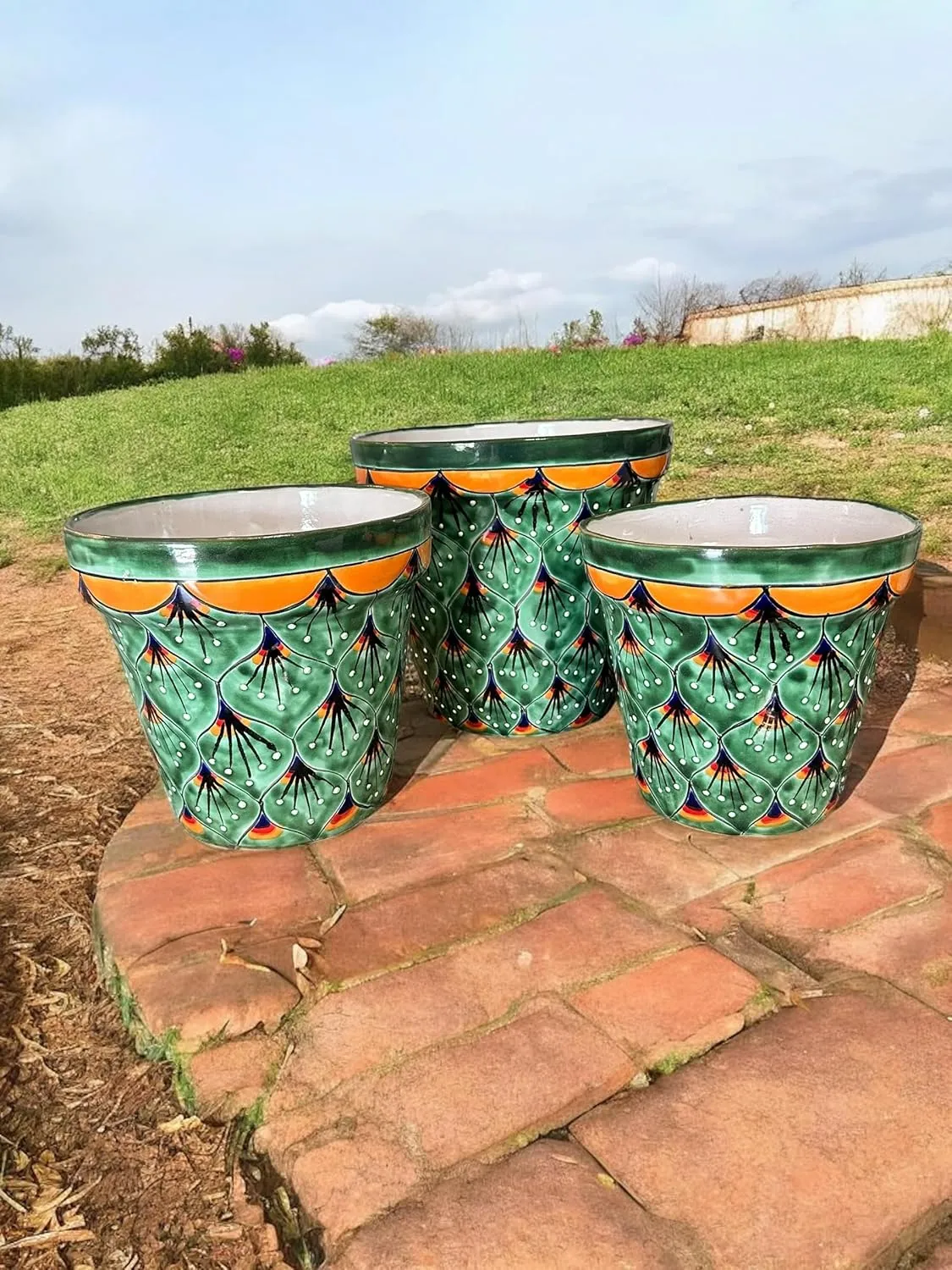 Set of 3 Nesting Talavera Planter Pots; Mexican Pottery Flower Pots; Hand-Painted Garden Decor; 10”, 9”, 8” (Peacock)
