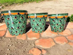 Set of 3 Nesting Talavera Planter Pots; Mexican Pottery Flower Pots; Hand-Painted Garden Decor; 10”, 9”, 8” (Peacock)