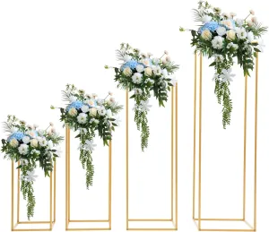Set of 4 Metal Plant Stand, Indoor Outdoor Flower Pot Holder Stand Plant Square Display Rack Set, Golden Nesting Display End Table, Flower Display Stand Tall Pedestal Stand for Wedding Garden Patio Terrace