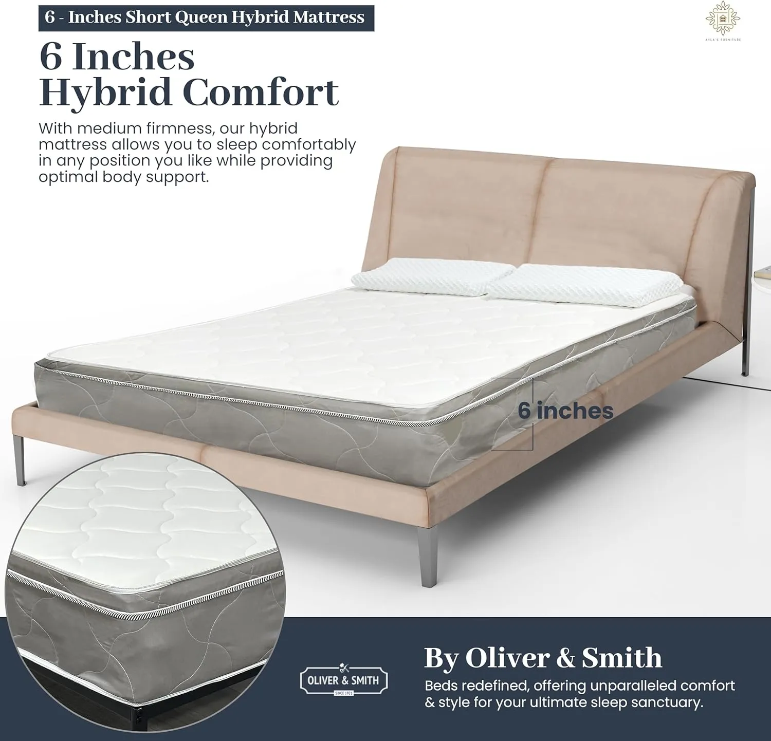 Short Queen RV Mattress - 6 Inch Cool Comfort Foam & Spring Hybrid Mattress with Breathable Organic Cotton Cover - Quilted Soft Tight Top - Rolled in a Box - Oliver & Smith