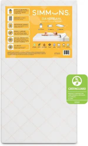 Simmons Kids Daydream 2-Sided Crib and Toddler Mattress GREENGUARD Gold Certified, CertiPUR-US Certified Foam, Breathable Machine Washable Cover, Waterproof Barrier, Made in USA, White