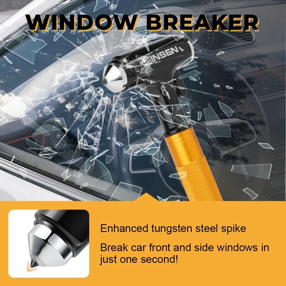 SINSEN Car Window Breaker, Seabelt Cutter, Aluminum Safety Hammer to Break Glass, 3-in-1 Emergency Kit, Fireproof All-Metal Escape Tool, Automotive Survival Accessories for Roadtrip, Gold, 2-Pack