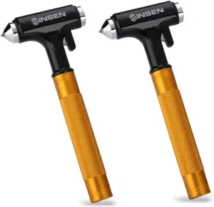 SINSEN Car Window Breaker, Seabelt Cutter, Aluminum Safety Hammer to Break Glass, 3-in-1 Emergency Kit, Fireproof All-Metal Escape Tool, Automotive Survival Accessories for Roadtrip, Gold, 2-Pack