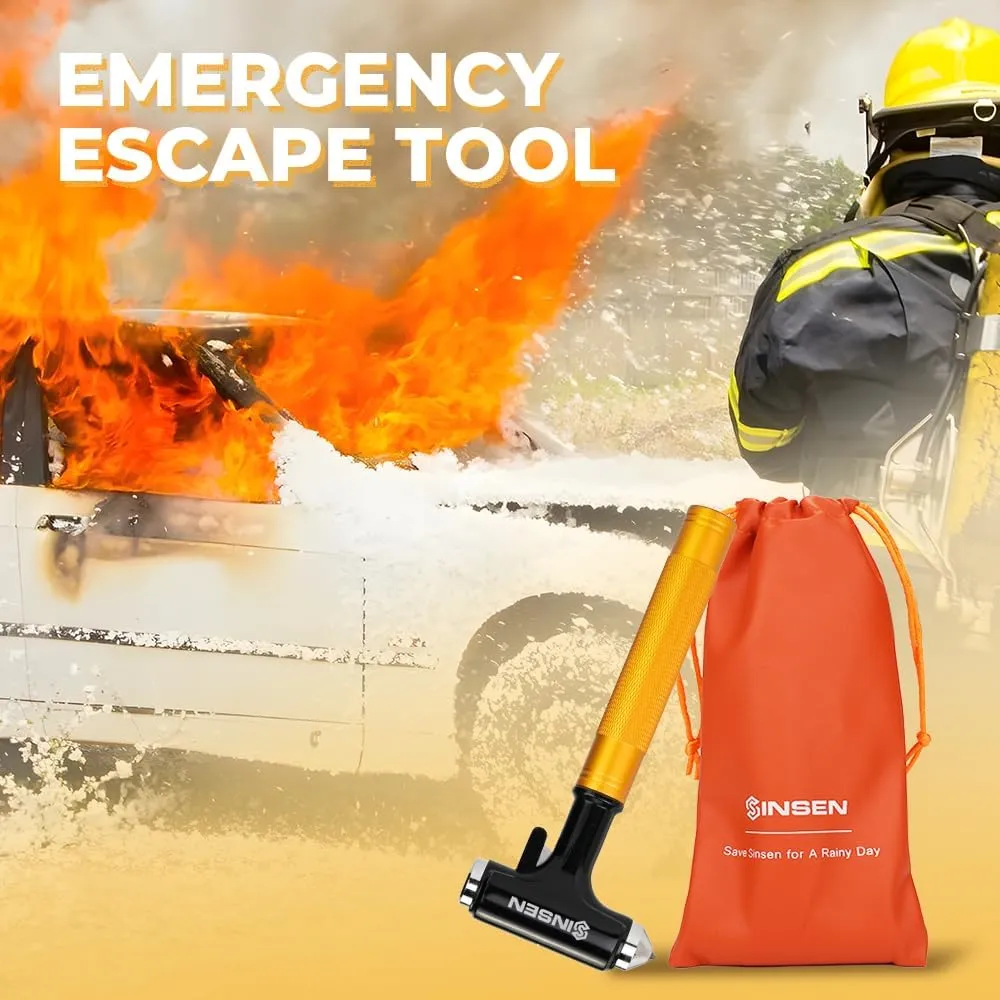 SINSEN Car Window Breaker, Seabelt Cutter, Aluminum Safety Hammer to Break Glass, 3-in-1 Emergency Kit, Fireproof All-Metal Escape Tool, Automotive Survival Accessories for Roadtrip, Gold, 2-Pack