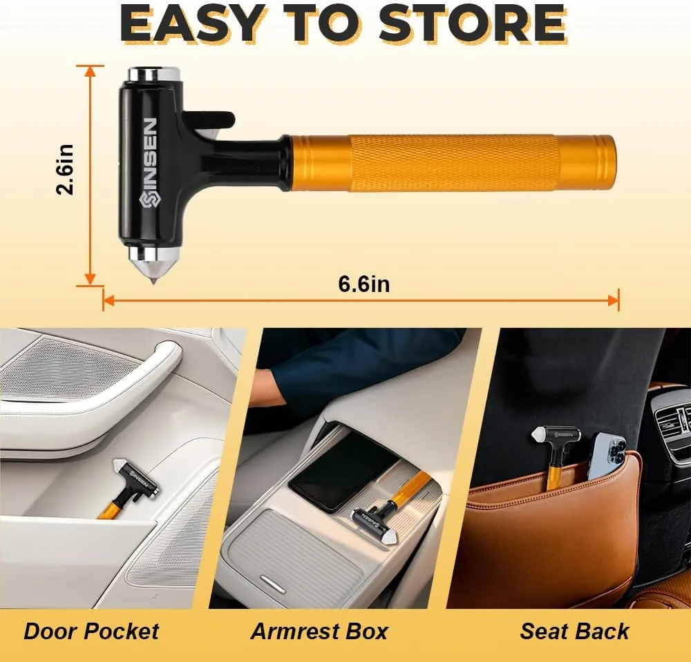 SINSEN Car Window Breaker, Seabelt Cutter, Aluminum Safety Hammer to Break Glass, 3-in-1 Emergency Kit, Fireproof All-Metal Escape Tool, Automotive Survival Accessories for Roadtrip, Gold, 2-Pack