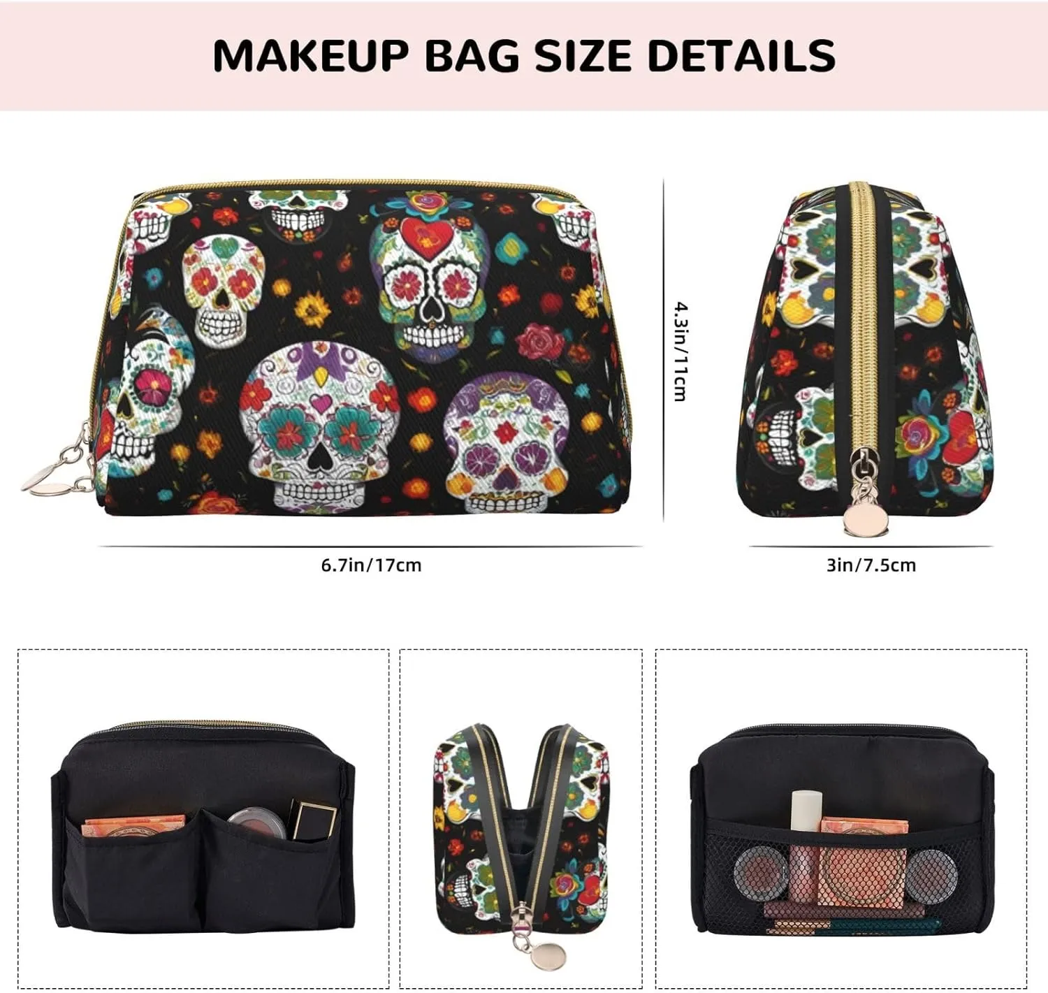 Skulls Toiletry Pouch, Travel-Friendly Makeup Organizer For Makeup Brushes, Lipsticks