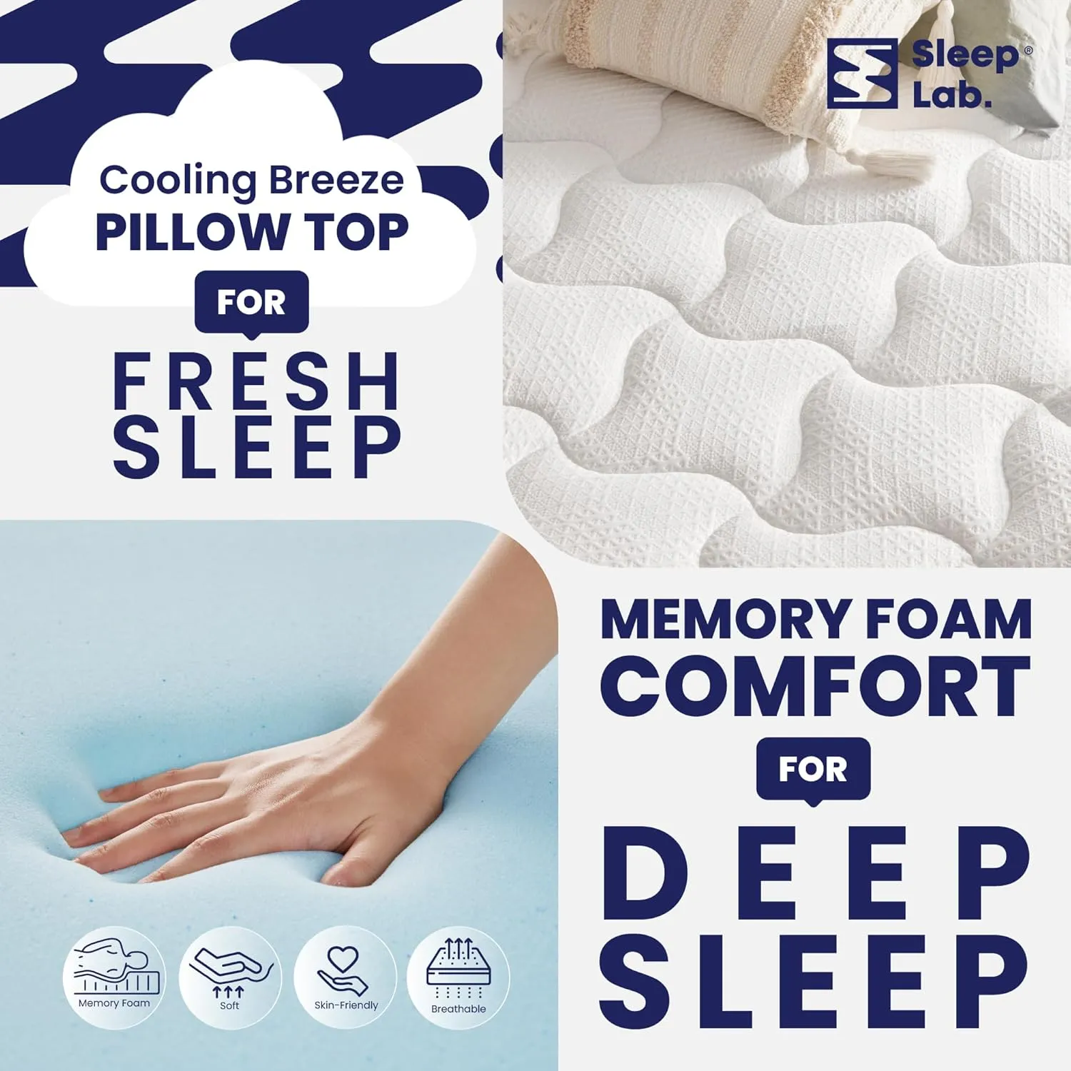 Sleep Lab 4 Inch Memory Foam Mattress Topper - Queen - Cooling Gel Memory Foam & Pillow Top
