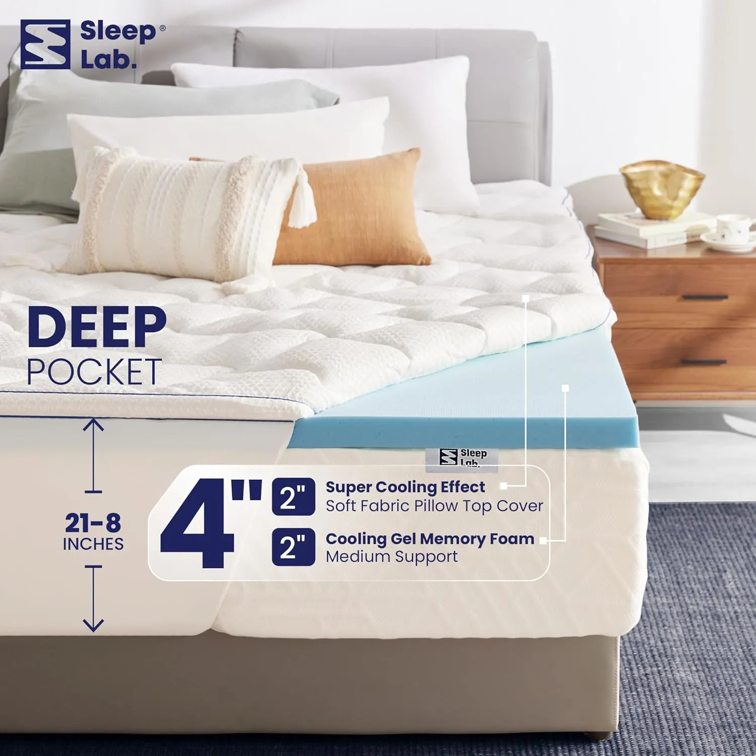 Sleep Lab 4 Inch Memory Foam Mattress Topper - Queen - Cooling Gel Memory Foam & Pillow Top