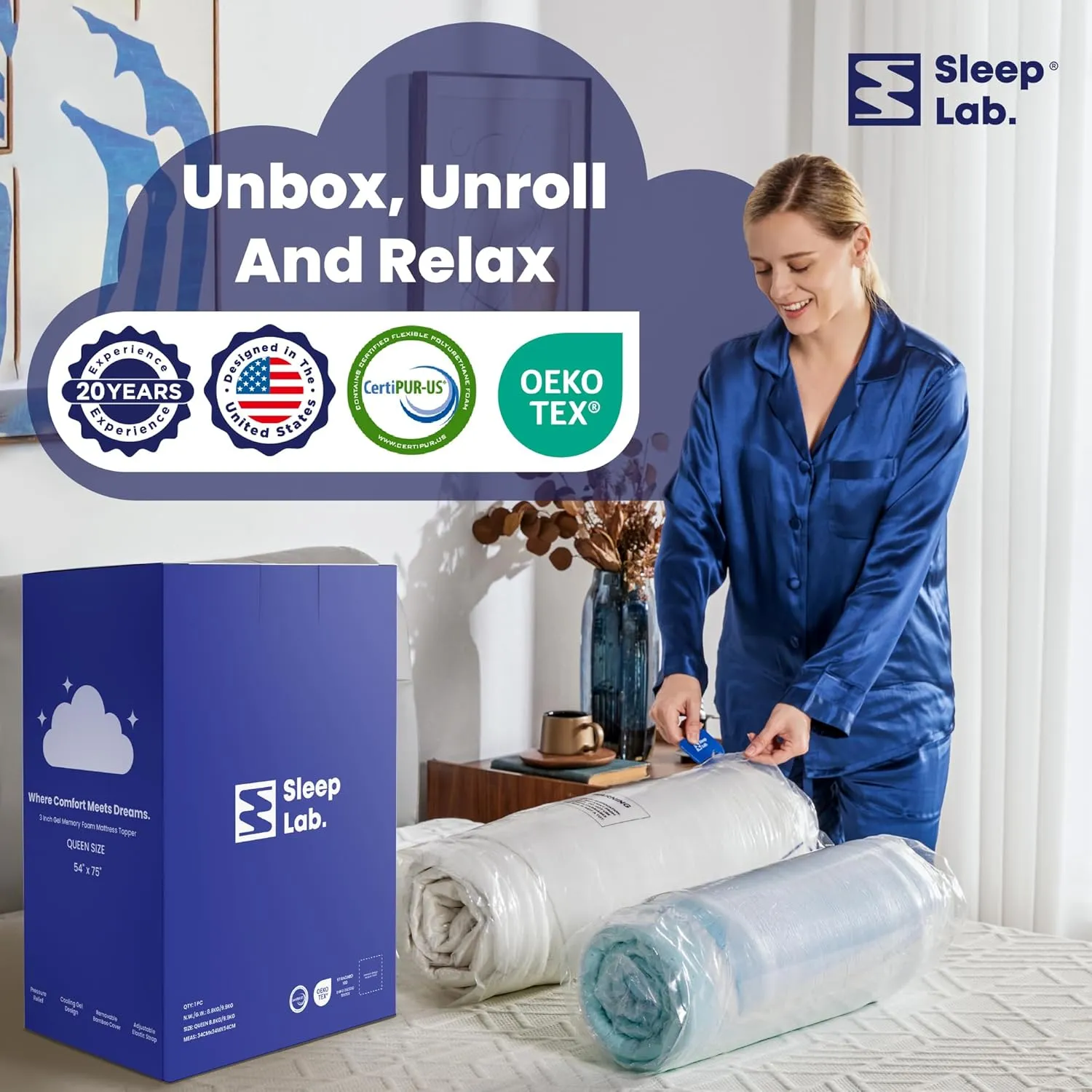 Sleep Lab 4 Inch Memory Foam Mattress Topper - Queen - Cooling Gel Memory Foam & Pillow Top