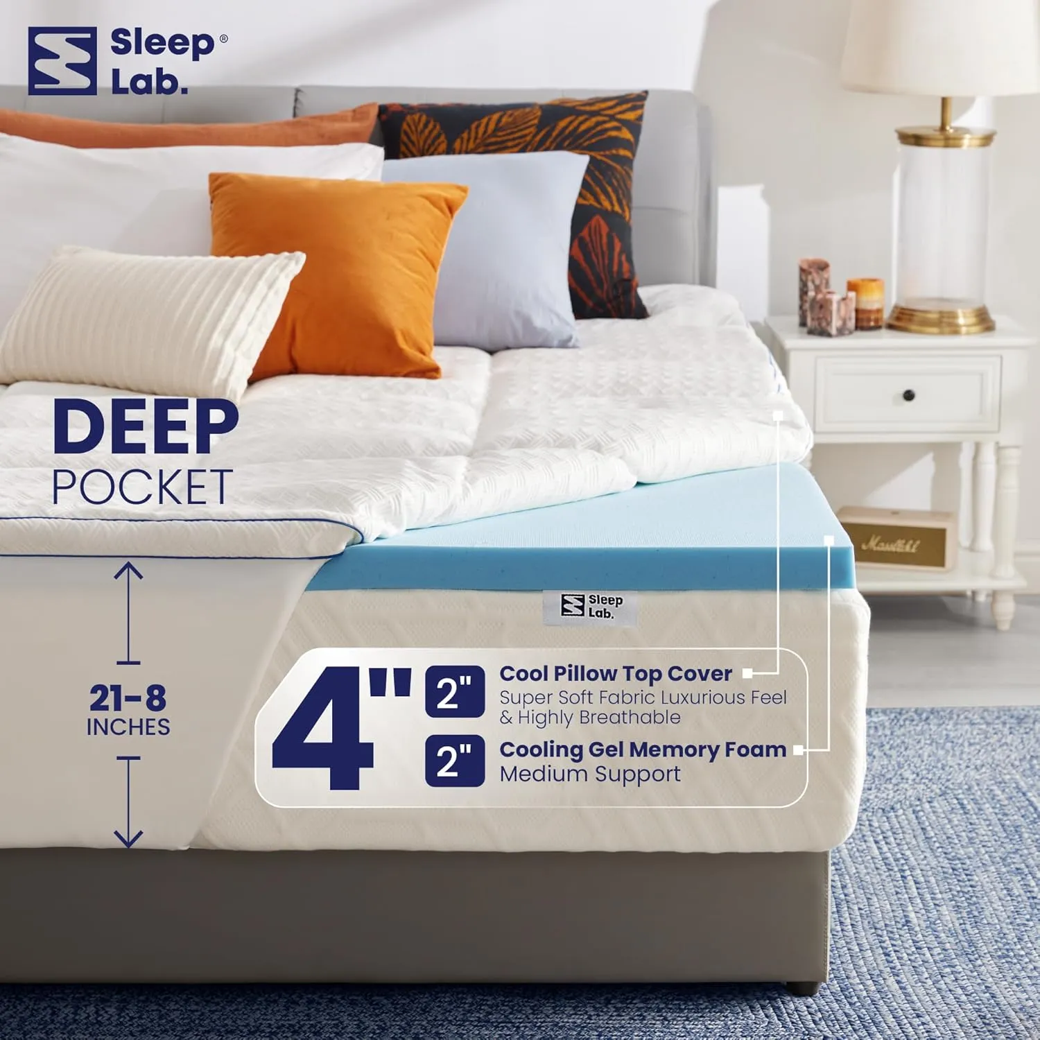 Sleep Lab 4 Inch Memory Foam Mattress Topper - Queen Size - Cooling Gel & Pillow Top for Back Pain