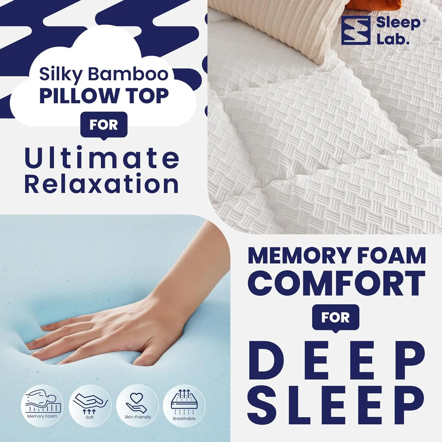 Sleep Lab 4 Inch Memory Foam Mattress Topper - Queen Size - Cooling Gel & Pillow Top for Back Pain
