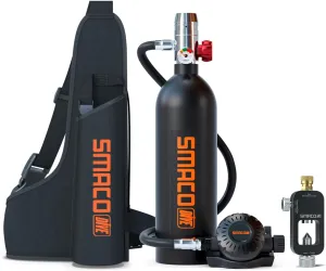 SMACO Mini Scuba Tank 1L Small Diving Tank up to 20 Minutes Dive Time Portable Lung Air Tank Diving Oxygen Cylinder Kit for Underwater Exploration Emergency Rescue Pony Bottle S400