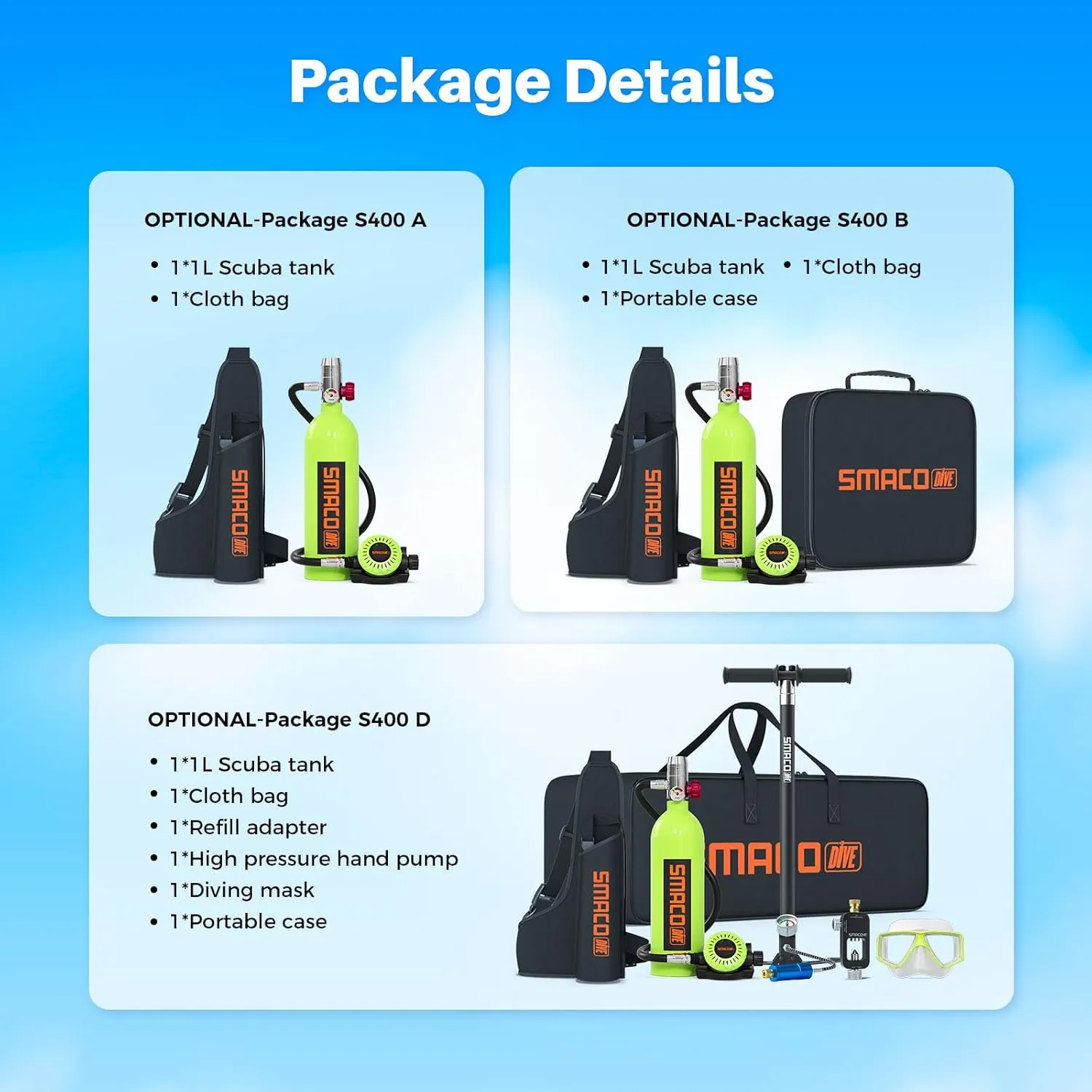SMACO Mini Scuba Tank 1L Small Diving Tank up to 20 Minutes Dive Time Portable Lung Air Tank Diving Oxygen Cylinder Kit for Underwater Exploration Emergency Rescue Pony Bottle S400