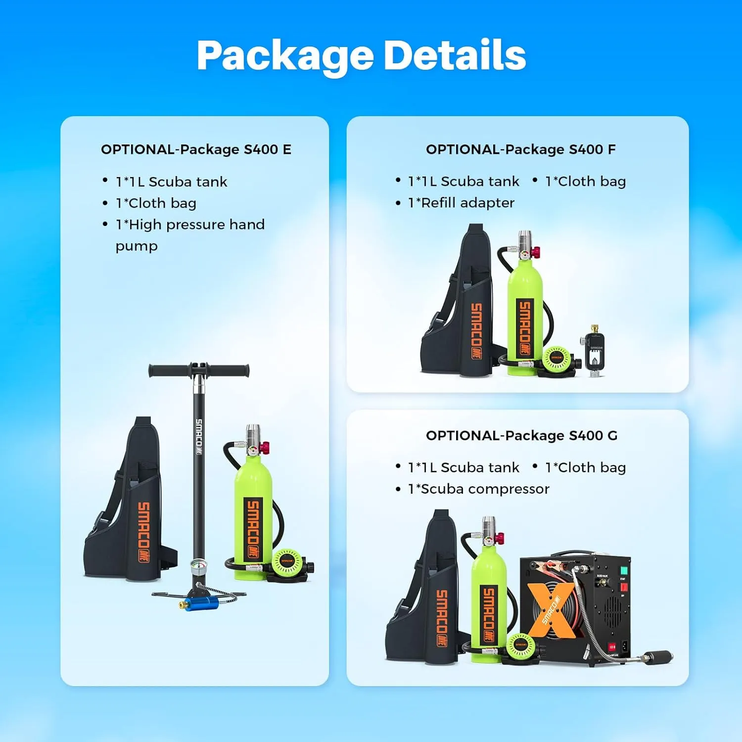 SMACO Mini Scuba Tank 1L Small Diving Tank up to 20 Minutes Dive Time Portable Lung Air Tank Diving Oxygen Cylinder Kit for Underwater Exploration Emergency Rescue Pony Bottle S400