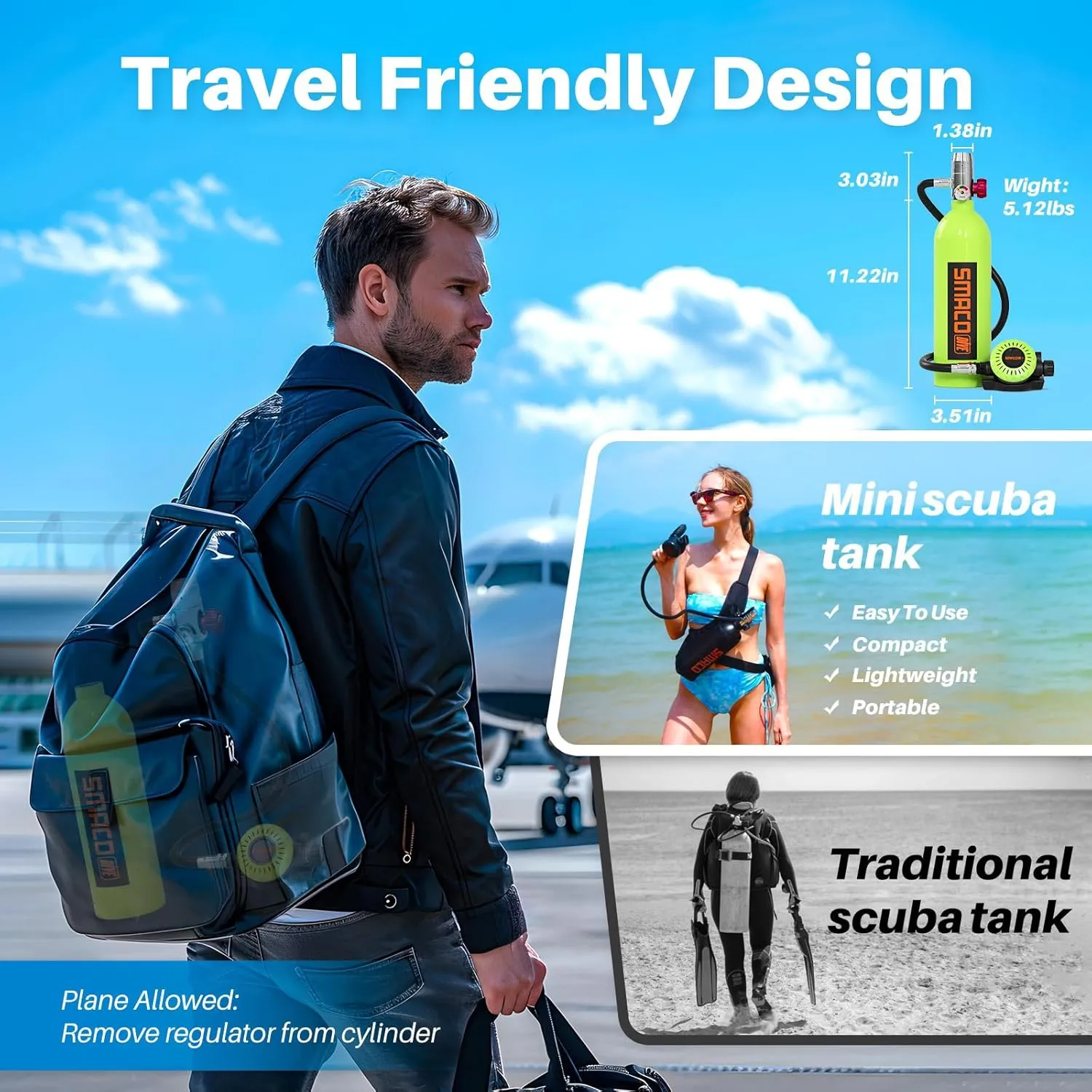 SMACO Mini Scuba Tank 1L Small Diving Tank up to 20 Minutes Dive Time Portable Lung Air Tank Diving Oxygen Cylinder Kit for Underwater Exploration Emergency Rescue Pony Bottle S400