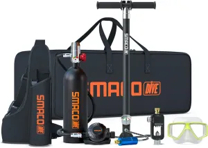 SMACO Mini Scuba Tank 1L Small Diving Tank up to 20 Minutes Dive Time Portable Lung Air Tank Diving Oxygen Cylinder Kit for Underwater Exploration Emergency Rescue Pony Bottle S400