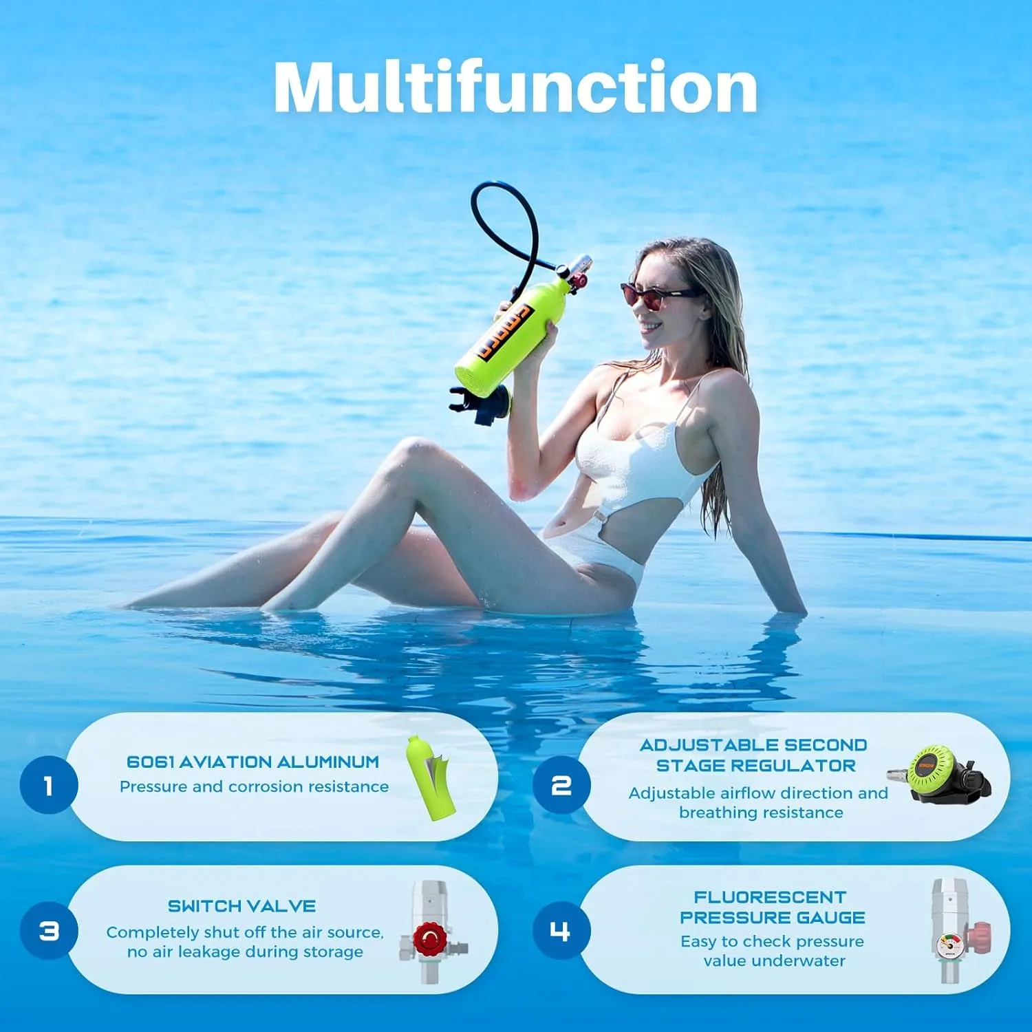 SMACO Mini Scuba Tank 1L Small Diving Tank up to 20 Minutes Dive Time Portable Lung Air Tank Diving Oxygen Cylinder Kit for Underwater Exploration Emergency Rescue Pony Bottle S400