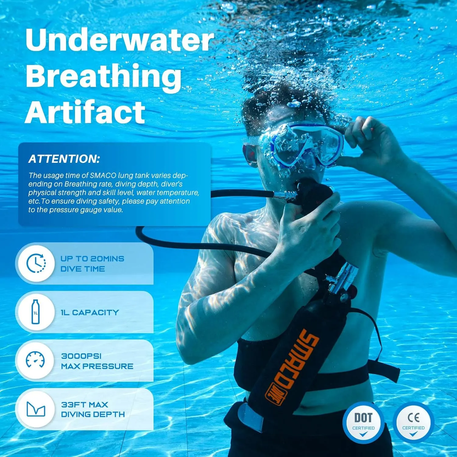 SMACO Mini Scuba Tank 1L Small Diving Tank up to 20 Minutes Dive Time Portable Lung Air Tank Diving Oxygen Cylinder Kit for Underwater Exploration Emergency Rescue Pony Bottle S400