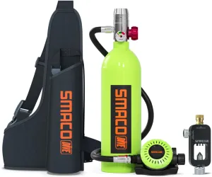 SMACO Mini Scuba Tank 1L Small Diving Tank up to 20 Minutes Dive Time Portable Lung Air Tank Diving Oxygen Cylinder Kit for Underwater Exploration Emergency Rescue Pony Bottle S400