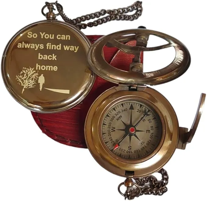 So You Can Always Find Your Way Back Home Engraved Compass with Leather Case - Brass Pocket Compass, Personalized Compass, for Men, him/her, Wedding Anniversary, Baptism Religious