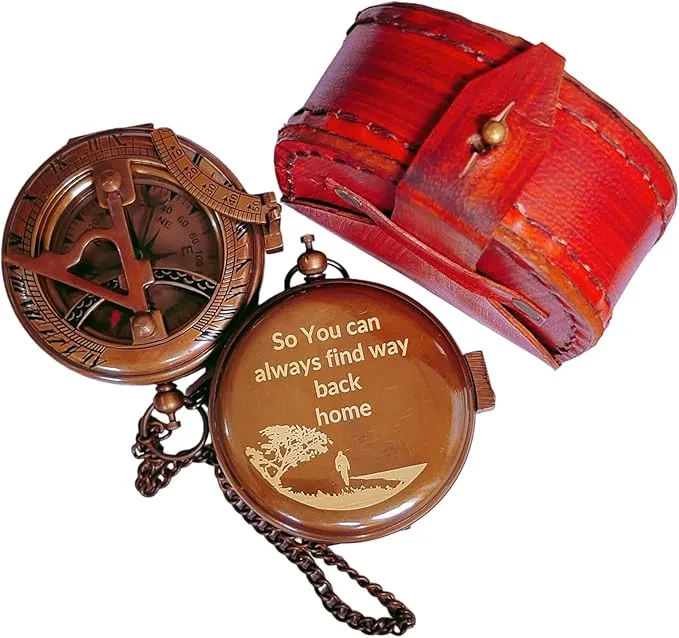So You Can Always Find Your Way Back Home Engraved Compass with Leather Case - Brass Pocket Compass, Personalized Compass, for Men, him/her, Wedding Anniversary, Baptism Religious
