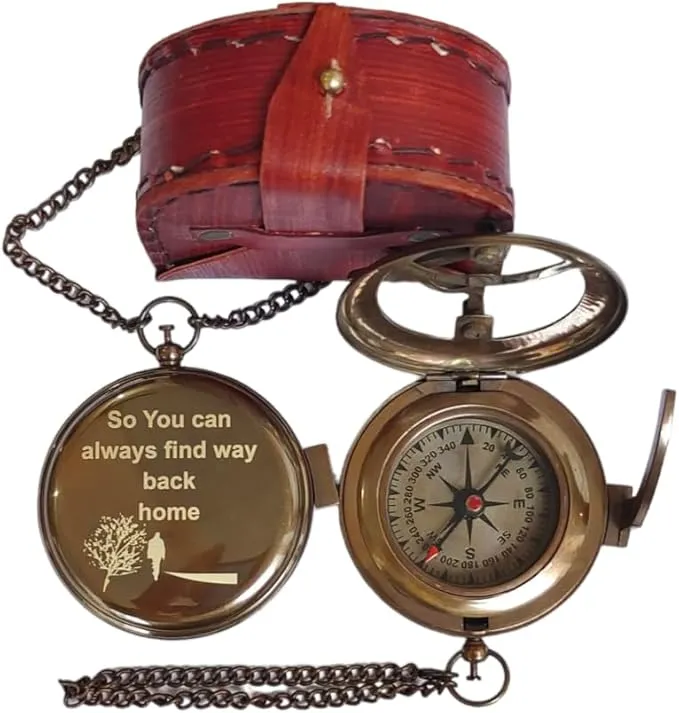 So You Can Always Find Your Way Back Home Engraved Compass with Leather Case - Brass Pocket Compass, Personalized Compass, for Men, him/her, Wedding Anniversary, Baptism Religious