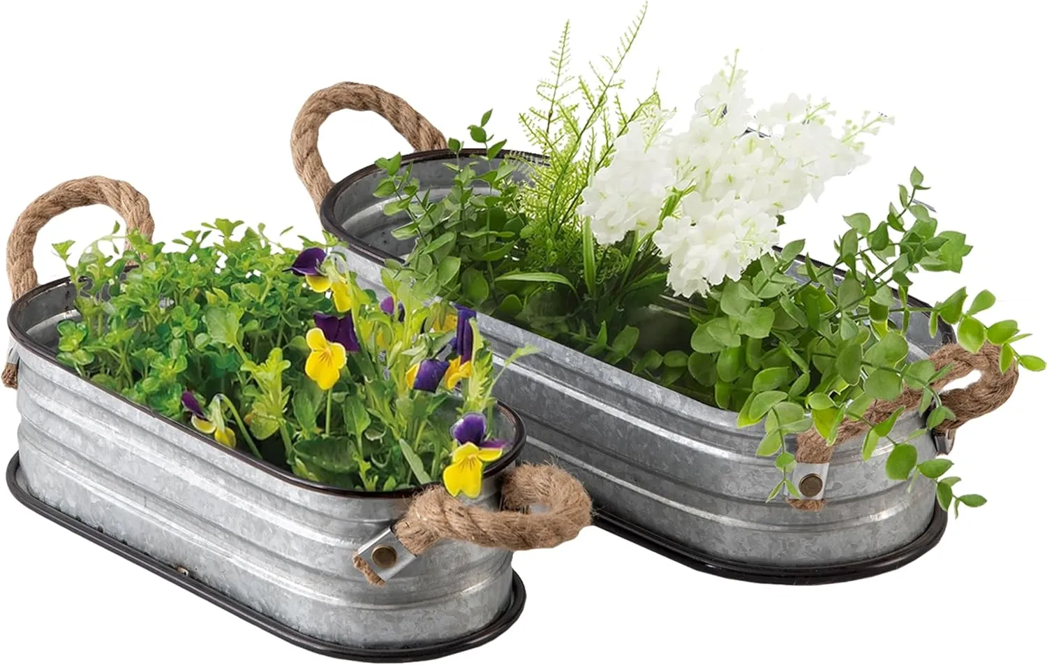 SOFE Oval Planters for Indoor Plants, Herb Box Galvanized Tub Planter Set of 2, Rectangular Planters for Succulents, Farmhouse Metal Flower Pot with Rope Handles, Small Garden Pots