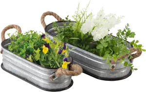 SOFE Oval Planters for Indoor Plants, Herb Box Galvanized Tub Planter Set of 2, Rectangular Planters for Succulents, Farmhouse Metal Flower Pot with Rope Handles, Small Garden Pots