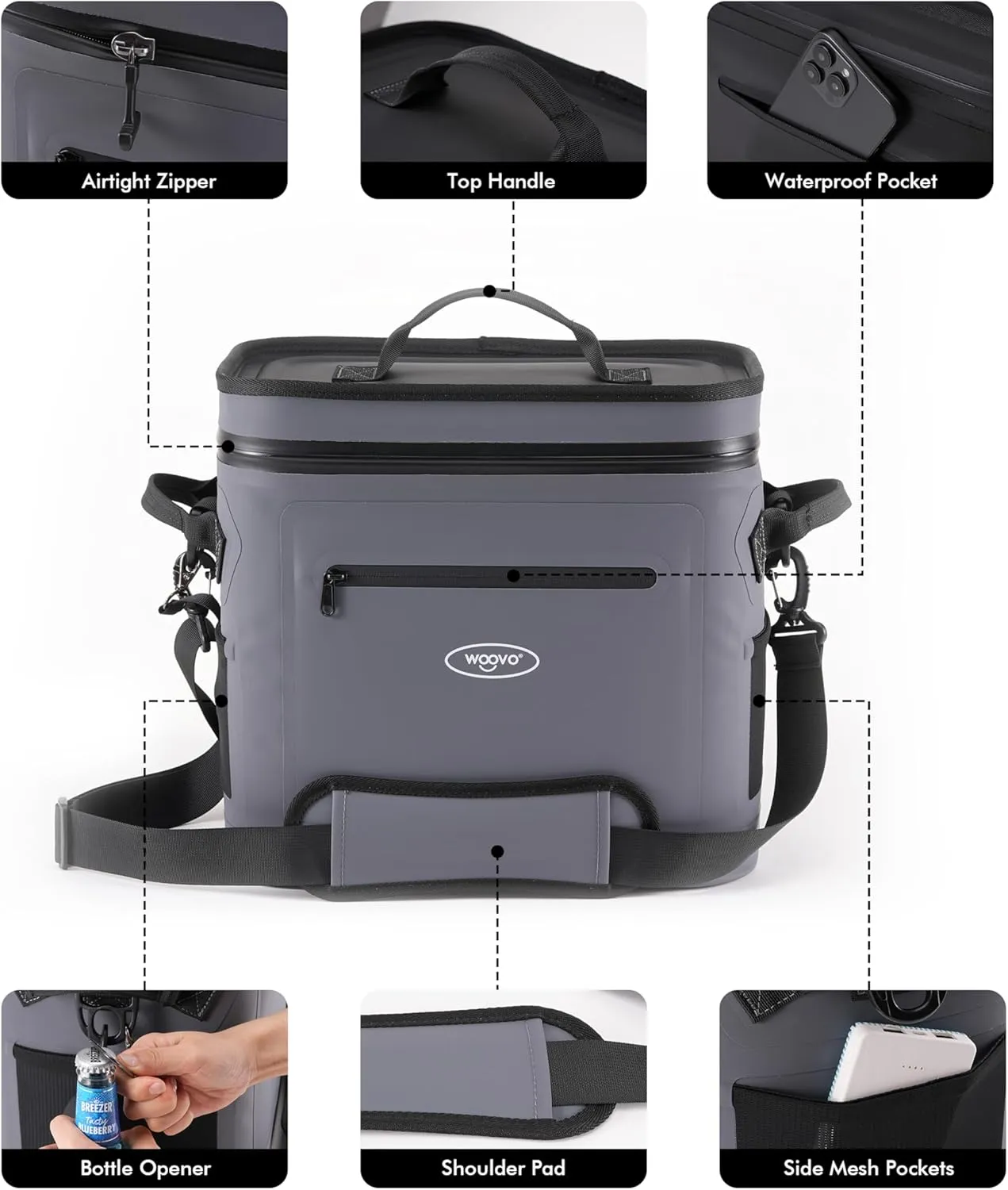Soft Sided Cooler - Insulated Cooler Bag 20 Can - 100% Leak-Proof Tote Cooler with Adjustable Strap - Portable Camping Cooler with Mesh Bag and Bottle Opener for Picnic