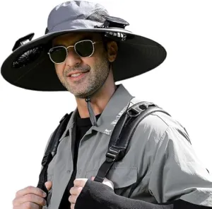 Solar Fan Hat for Men Women, Wide Brim Sun Hat, Solar Powered Cooling Ha, UPF 50  Bucket Fishing Hat with Fan Built in