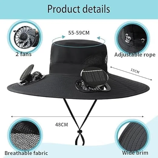 Solar Fan Hat for Men Women, Wide Brim Sun Hat, Solar Powered Cooling Ha, UPF 50  Bucket Fishing Hat with Fan Built in