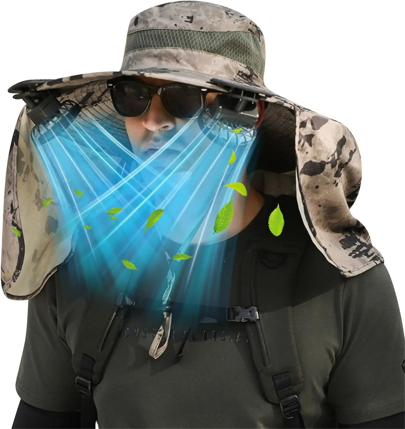 Solar Fan Hats for Men Women, UPF 50  Wide Brim Sun Hats with 2 Solar Fan, Breathable Bucket Hat Outdoor Fishing Hats