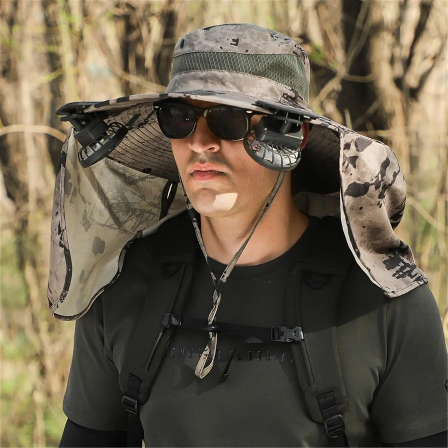 Solar Fan Hats for Men Women, UPF 50  Wide Brim Sun Hats with 2 Solar Fan, Breathable Bucket Hat Outdoor Fishing Hats