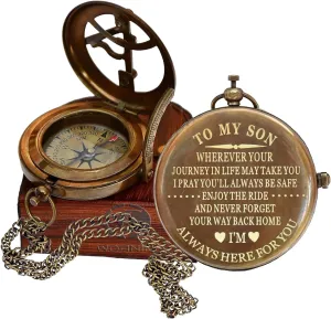 Son Gifts Mom and Dad, to My Son Compass Comes Grain Leather Case Brass Nautical - Personalized Sundial Compass, Birthday Gifts, Graduation Gifts